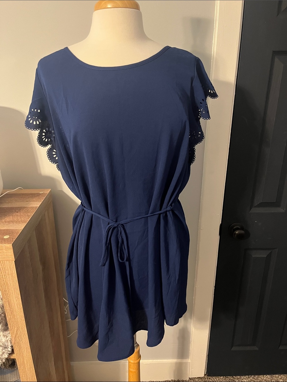 Navy Eyelet-Sleeve Tie-Waist Blouse